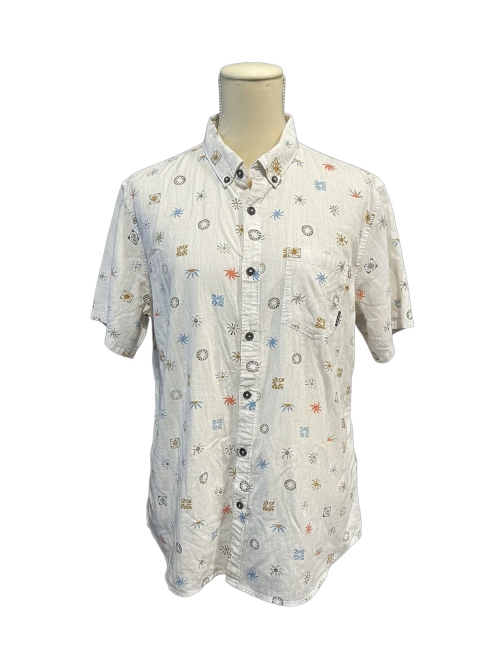 Billabong Men's Short-Sleeve Button-Down Shirt in off White w/Multi-Color Print